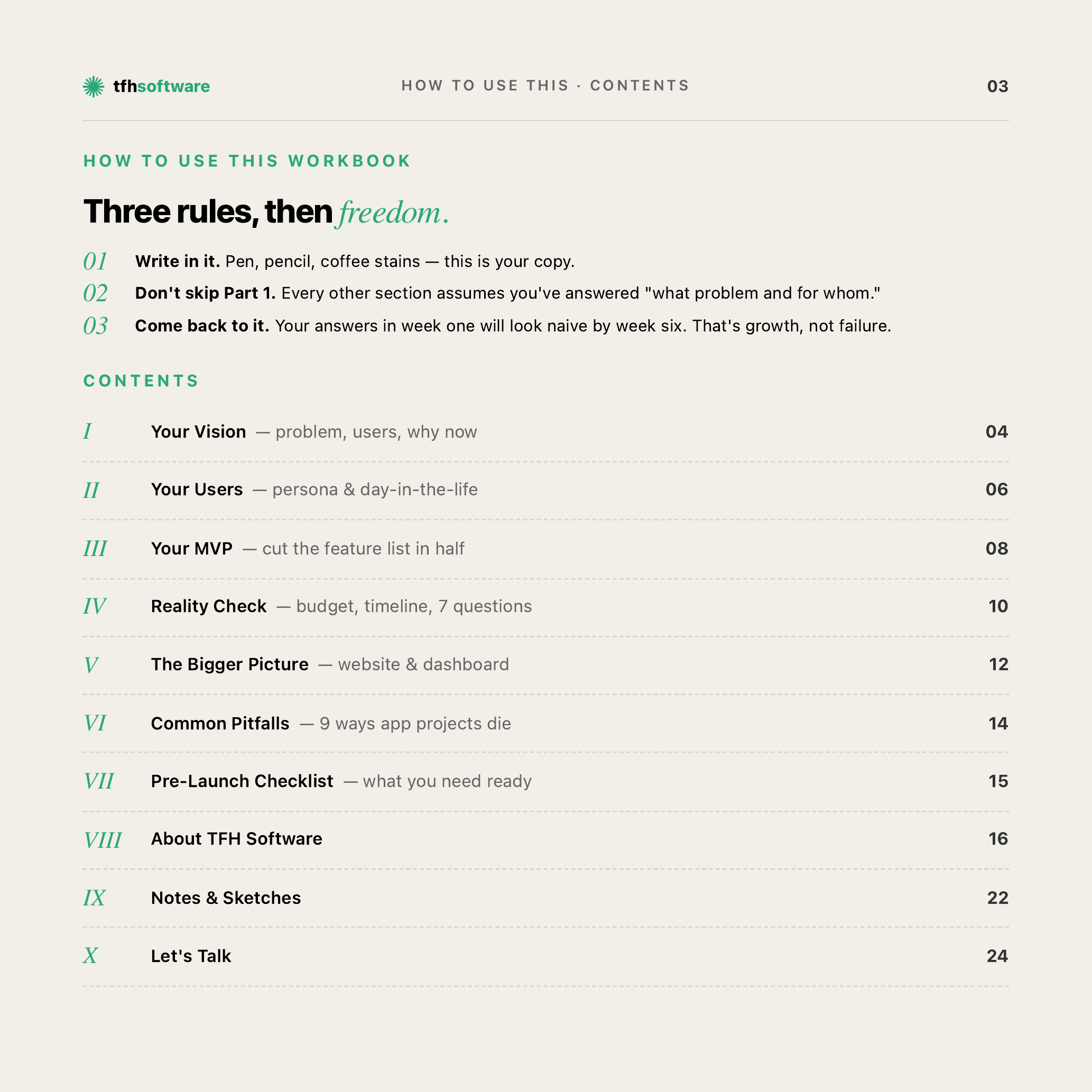 Workbook contents — vision, users, MVP, reality check